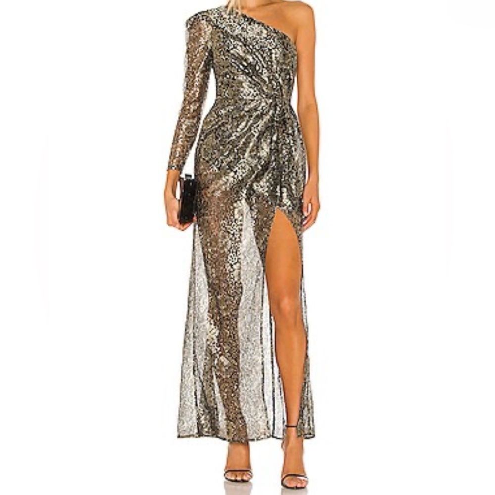 Camila Coelho Black and Gold Asymmetrical Gown